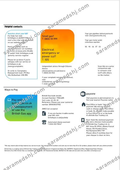 United Kingdom British Gas business utility bill, Word and PDF template, 2 pages 3